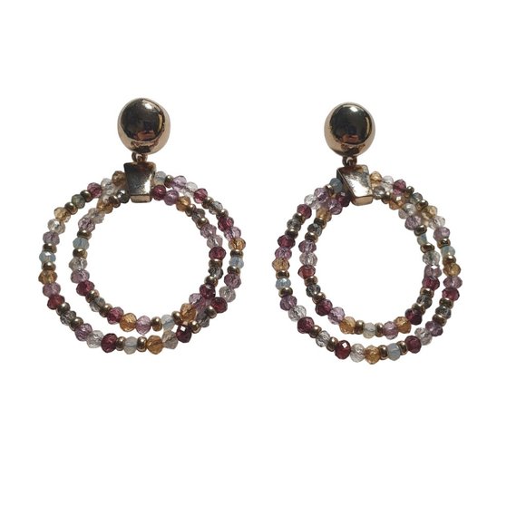 Beaded Hoop Earrings Gold Tone Vintage Earrings Womens Jewelry Costume Purple - Picture 7 of 7